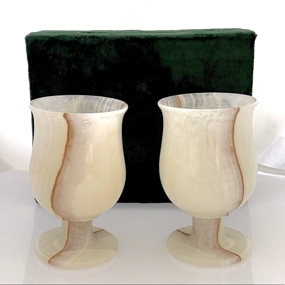 Vintage Collectible Exclusive 2x ONYX Natural Stone Wineglass Glasses in Box - Picture 2 of 5